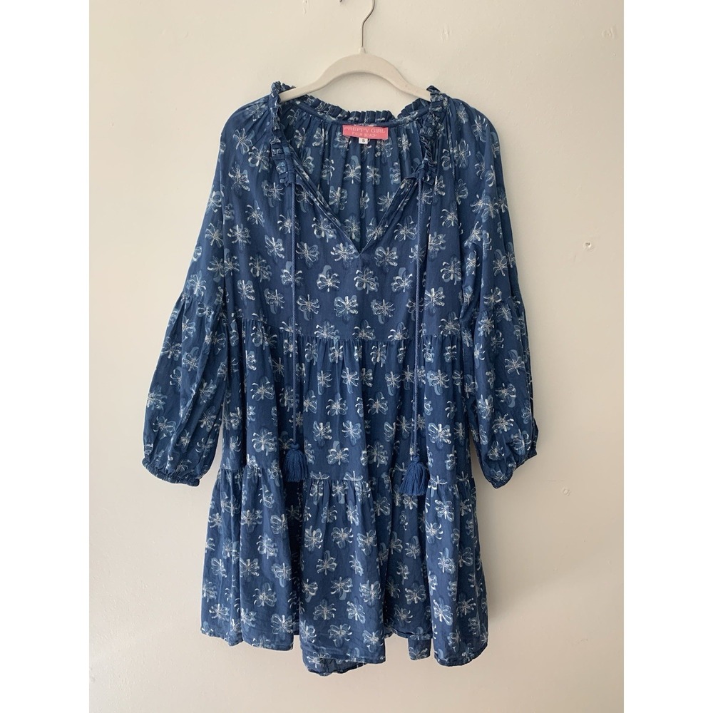 Preppy Girl Palm Beach Baby Doll Dress Sz S 100% Cotton Ruffles Tassels Blue‎